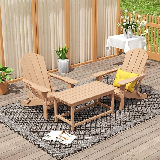 WO Home Furniture Adirondack Chairs Table Set of 3 PCS Outdoor Folding Chairs Coffee Table Weather/UV Resistant for Lawn, Garden, Bon Fire, Balcony (Teak)