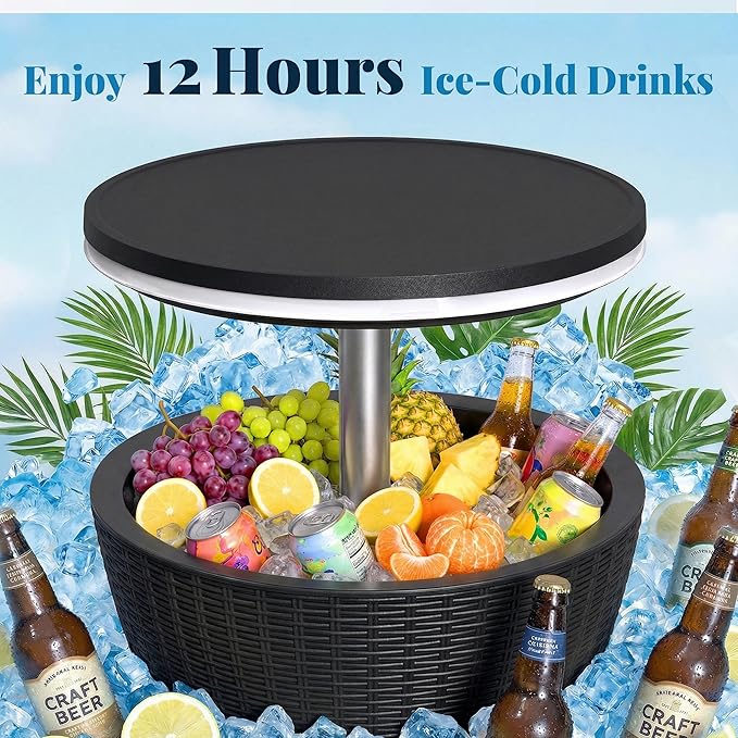 EFU Cooler Table, 8 Gallon Cooler Bar Table, Adjustable Height Multi-Functional Outdoor Cool Bar for Drinks Beer & Wine, with Drain Plug, Patio Furniture for Backyard, Pool, BBQ & Parties (Black)