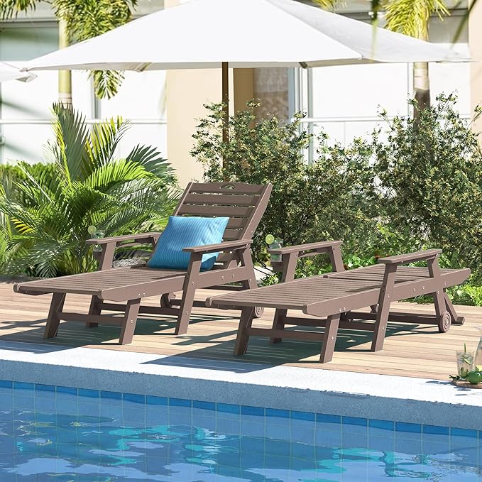 nalone Outdoor Chaise Lounge Chair Set of 2 with Wheels & Cup Holder, HDPE Pool Lounge Chairs with 5-Position Adjustable Backrest Supports Up to 400 LBS for Patio Poolside Deck Beach (Grey Brown)