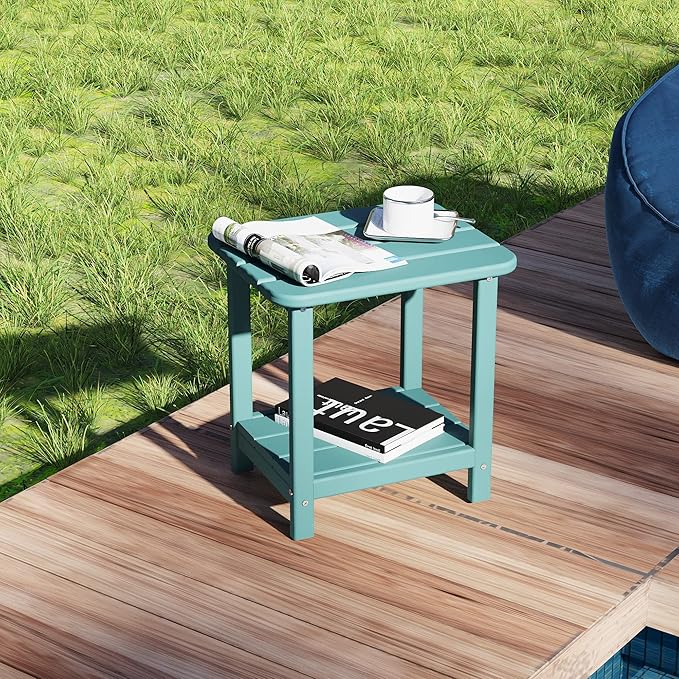 Sundale Outdoor 18" Small Side Table, Patio HDPE All Weather Small Adirondack End Table Water Resistant 2 Tier Rectangular Outside Table for Pool, Garden, Beach, Turquoise