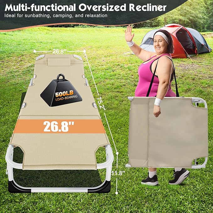MOPHOTO Oversized Beach Lounge Chair, 5-Position Adjustable Tanning Chair with Face Hole, Heavy Duty Folding Chaise Lounge for Beach, Pool, Patio & Sunbathing