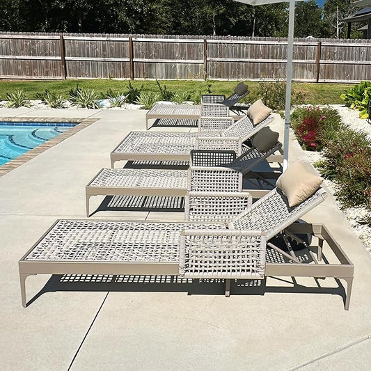 PURPLE LEAF 4 Pieces Outdoor Chaise Lounge Set Rattan Wicker Lounger with Arms Poolside Furniture Adjustable Recliners Patio Lounge Chairs for Beach Yard Garden Balcony, Champagne