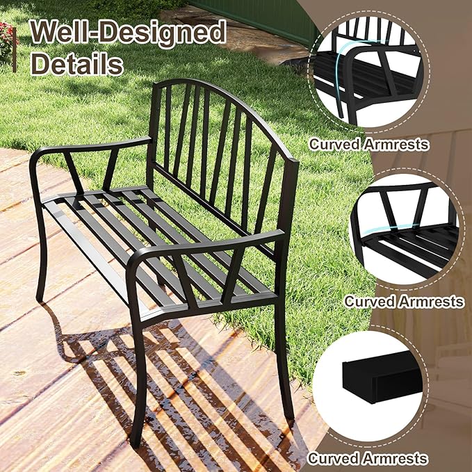 Tangkula 51” Metal Outdoor Garden Bench, Patio Slatted Park Bench for 2-3 People, Park-Style Loveseat with Curved Armrests, Heavy-Duty Outdoor Seating for Backyard, Lawn, Porch