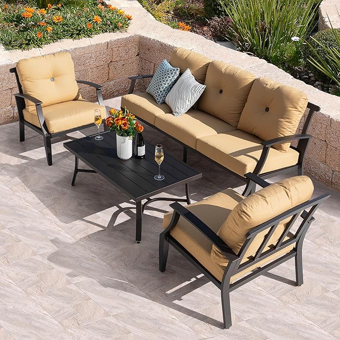 NUU GARDEN 4-Piece Outdoor Patio Sofa Set, Aluminum Conversation Set with Zippered Cushions and Coffee Table, Perfect for Porch, Garden, Backyard, Balcony, or Poolside, Ginger