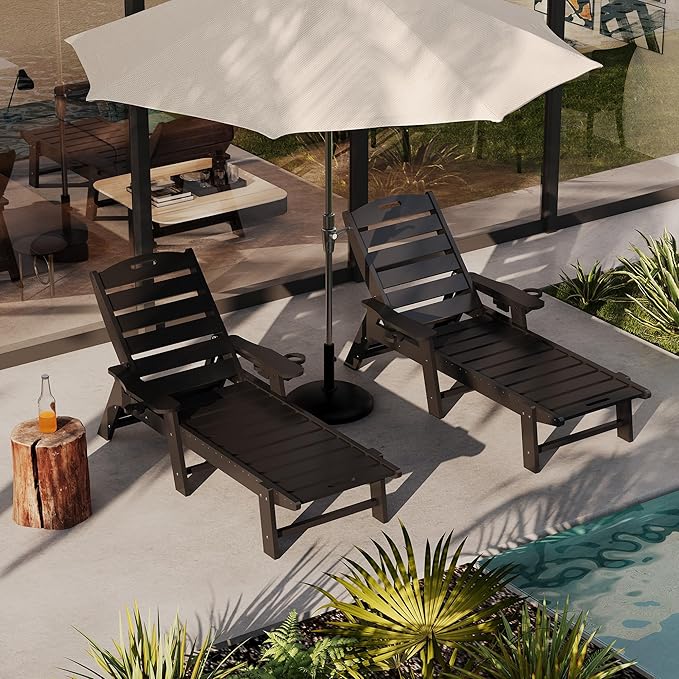 HDPE 5-Position Outdoor Chaise Lounge Chair with Cup Holder, Resin Pool Lounge Chair for Outside - Photo 3