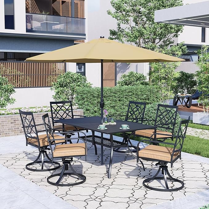 SUNCROWN 7 Pieces Outdoor Dining Set Metal Swivel Cushioned Chairs Patio Furniture Sets with Steel Slat Bistro Table and Brown 10Ft Patio Umbrella for Backyard, Lawn, Garden, Deck, Poolside