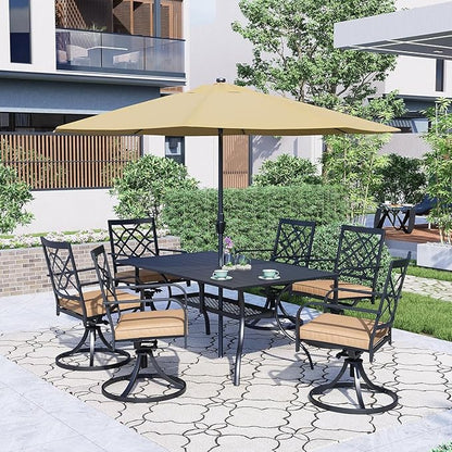 SUNCROWN 7 Pieces Outdoor Dining Set Metal Swivel Cushioned Chairs Patio Furniture Sets with Steel Slat Bistro Table and Brown 10Ft Patio Umbrella for Backyard, Lawn, Garden, Deck, Poolside