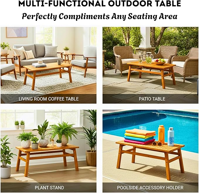 42" Cedar Wood Coffee Table, Solid Wood Farmhouse Patio Side Table, Slatted Accent Table for Garden, Deck, Lawn - Photo 4