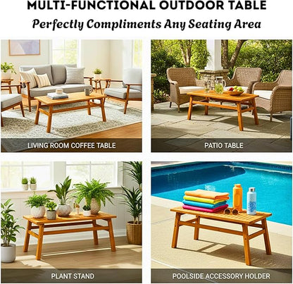 42" Cedar Wood Coffee Table, Solid Wood Farmhouse Patio Side Table, Slatted Accent Table for Garden, Deck, Lawn, Living Room and Poolside (Teak, 42 Inch)