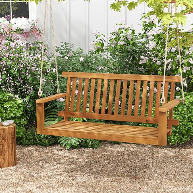 Tangkula 2 Person Hanging Porch Swing, Wooden Patio Swing with 2 Hanging Hemp Ropes, Slatted Seat & Back - Photo 2