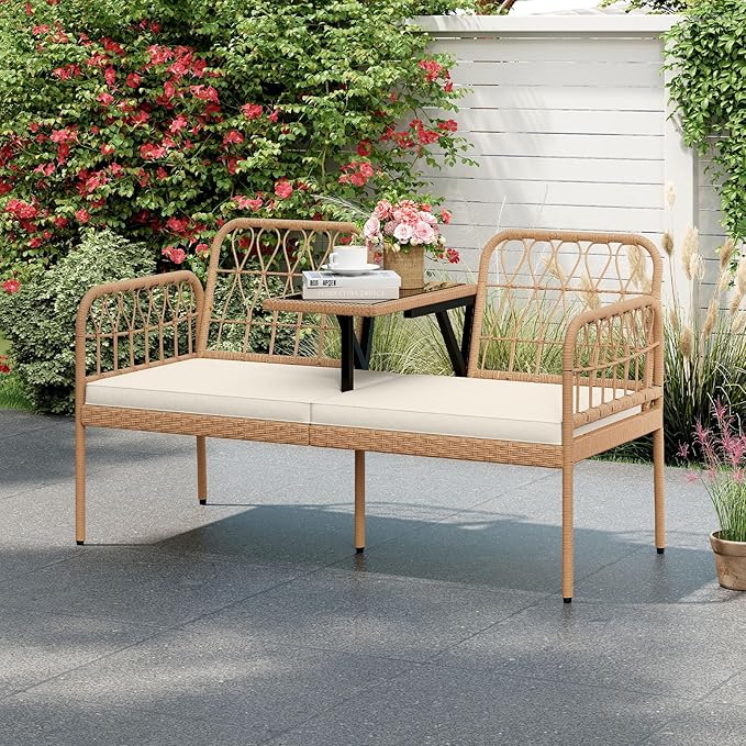 HAPPYGRILL Patio Rattan Loveseat, 2-Seat Wicker Chairs with Built-in Table, Outdoor Conversation Bench with Seat Cushions for Backyard, Front Porch, Garden