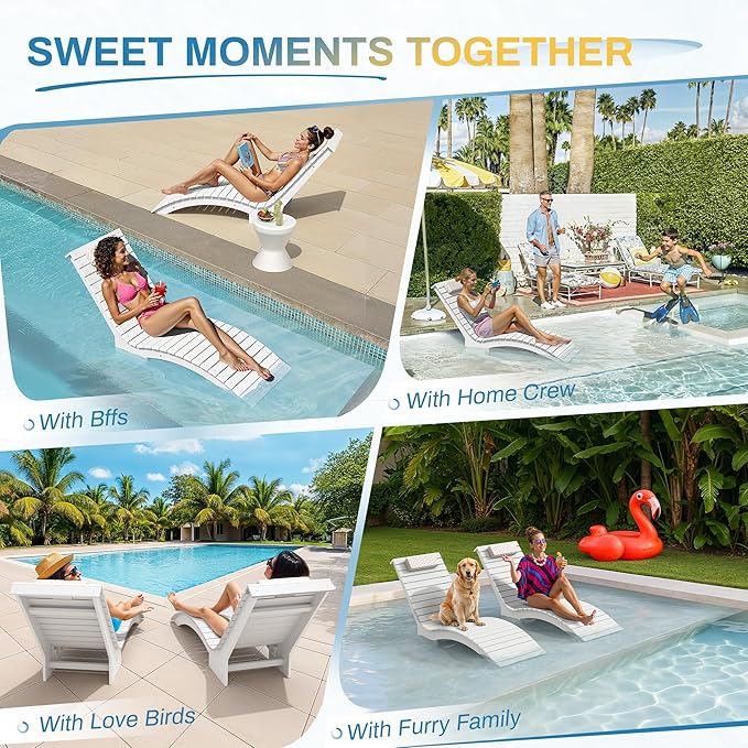 Pool Lounge Chairs Outdoor，HDPS Long Pool Chairs for in Pools, Weighted All Weather Tanning Chair with Headrest，Chaise Lounge for Outside Beach Patio Sun Bathing Hotel, White