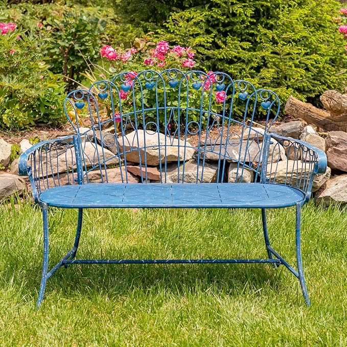 Zaer Ltd. Vintage Style Metal Patio Furniture with Heart Design Accents, Outdoor/Indoor Decor (Vintage Blue, Set of 3 (Bench, Table, Chair))