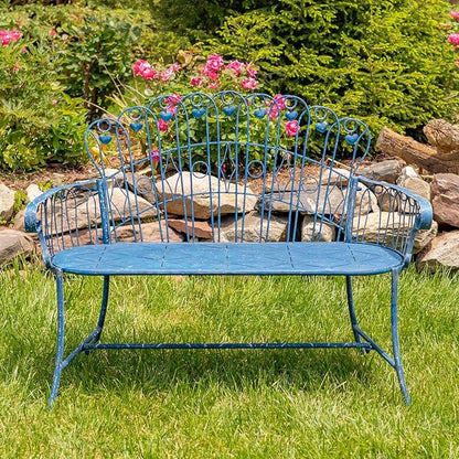 Zaer Ltd. Vintage Style Metal Patio Furniture with Heart Design Accents, Outdoor/Indoor Decor (Vintage Blue, Set of 3 (Bench, Table, Chair))