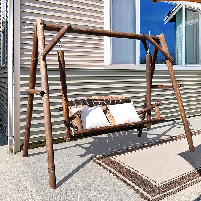 MUPATER Wooden Patio Porch Swing Glider Outdoor with A-Frame Stand - Photo 9
