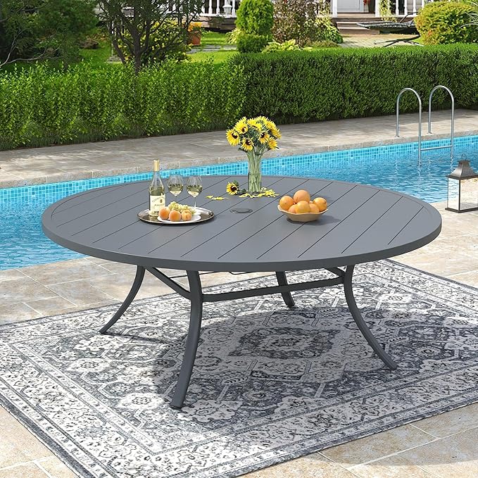 VICLLAX 63" Outdoor Patio Dining Table for 8-10, Metal Round Table with Umbrella Hole for Deck Lawn Garden Backyard, Dark Grey