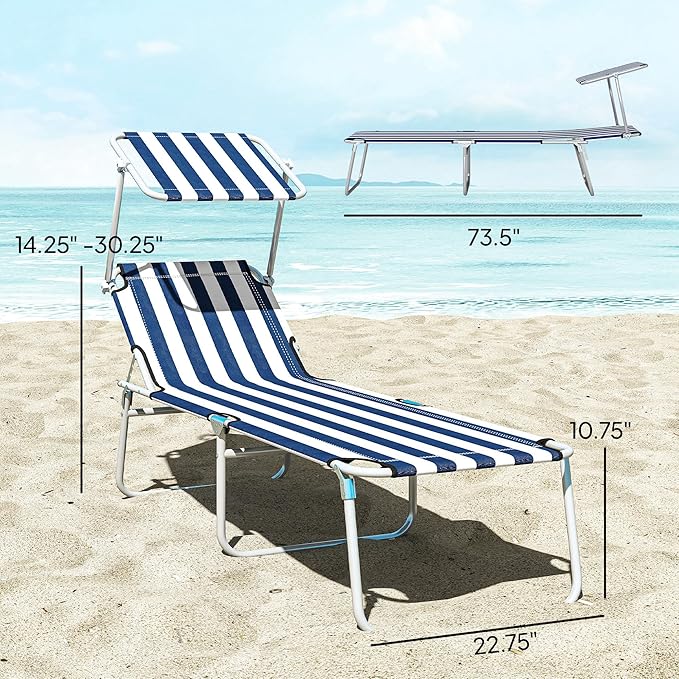 Outsunny Outdoor Lounge Chair, Adjustable Folding Chaise Lounge, Tanning Chair with Sun Shade for Beach, Camping, Hiking - Photo 7