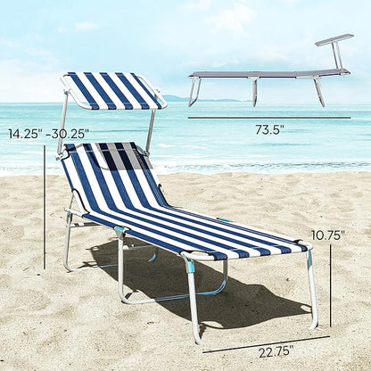 Outsunny Outdoor Lounge Chair, Adjustable Folding Chaise Lounge, Tanning Chair with Sun Shade for Beach, Camping, Hiking, Backyard, Blue and White