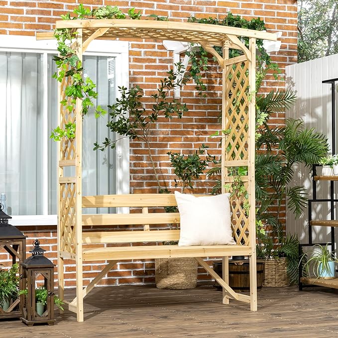 Outsunny Patio Garden Bench Arbor Arch with Pergola and 2 Trellises - Photo 2
