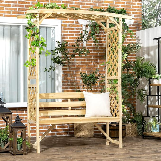 Outsunny Patio Garden Bench Arbor Arch with Pergola and 2 Trellises, 3 Seat Natural Wooden Outdoor Bench for Grape Vines & Climbing Plants, Backyard Decor, Natural