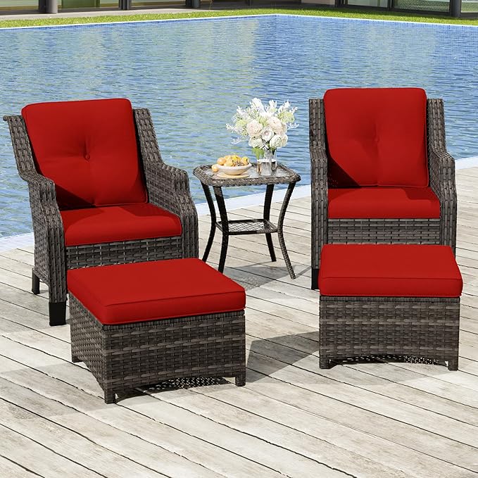Wicker Patio Furniture Set - 5 Piece Rattan Outdoor Conversation Sets with 2 Wicker Patio Chairs,2 Ottomans, 1 Side Table for Garden, Backyard, Balcony and Deck