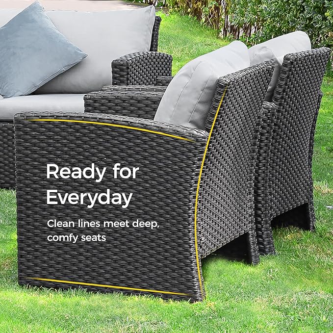 SUNVIVI OUTDOOR Outdoor Patio Couch with Coffee Table, All Weather PE Wicker Rattan Patio Sofa with Upgraded Cushions, Outdoor Furniture for Lawn Backyard Poolside Porch Garden, Gray