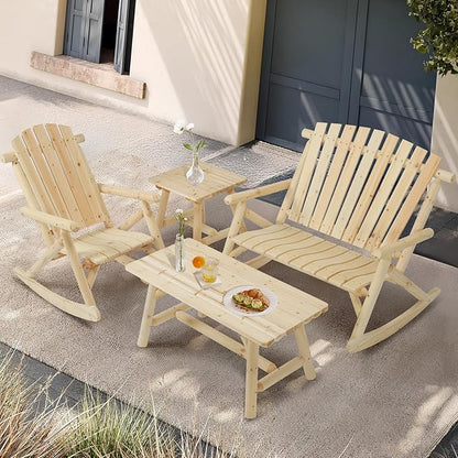 4-Piece Outdoor Wood Rocking Bistro Set, Rustic Wooden Conversation Set Including 2-Seater Loveseat, 2 Coffee Table, Log Rocker Chair, Patio Furniture Chair Set for Lawn Yard, Natural