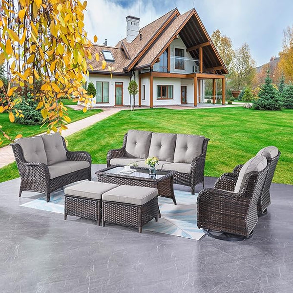Rilyson Wicker Patio Furniture Set - 7 PC Rattan Outdoor Sectional Conversation Sets with 2 Rocking Swivel Chairs - Photo 1