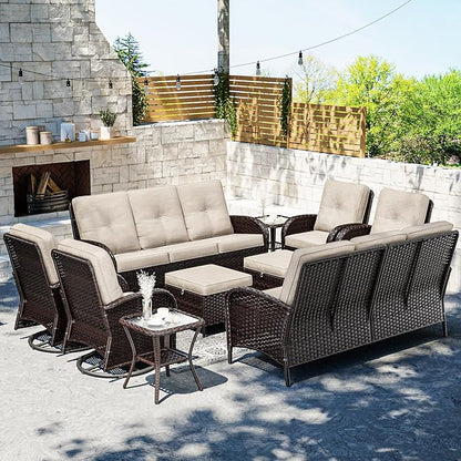 Joyside Wicker Patio Furniture Set, 10 Piece Outdoor Furniture Set with Thickened Cushions, High Back, Deep Seating, Wide Armrest, Outdoor Swivel Rocker Chairs for Porch, Deck