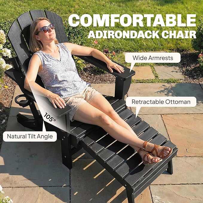 Outsunny Folding Adirondack Chair Set of 2, Outdoor HDPE Fire Pit Chair with Retractable Ottoman, Cup Holder and Large Seat for Deck, Garden, Backyard, Black