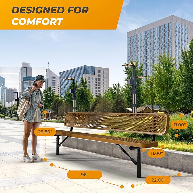 Heavy-Duty Outdoor Metal Bench, Thermoplastic-Coated, Inground, Weatherproof, Commercial-Grade for Parks, Gardens, Patios, Stores & More (8 Ft - Inground with Back, Brown)