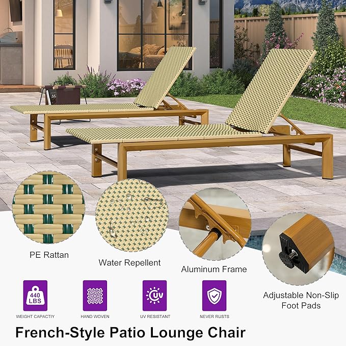 PURPLE LEAF Extra Wide Patio Chaise Lounge Set of 2 Outdoor Lounger French PE Rattan Lounge Chair with Reclining Adjustable Backrest for Pool Garden Beach and Backyard Beige and Green