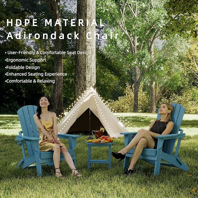 Folding Adirondack Chair，Wooden Textured Fire Pit Chair with Cup Holder, Heavy All-Weather HDPE Plastic Outdoor Patio Chairs for Poolside Backyard Patio Outdoor Garden