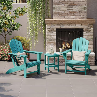 Costaelm Lakeview 3-Piece Outdoor Patio HDPE Adirondack Chair with Cup Holder and Table Set, Turquoise