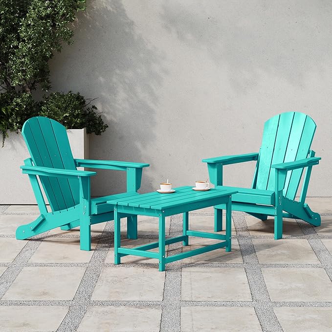 Costaelm Lakeview 3-Piece Adirondack Chairs with Cup Holders and Coffee Table Set, Turquoise