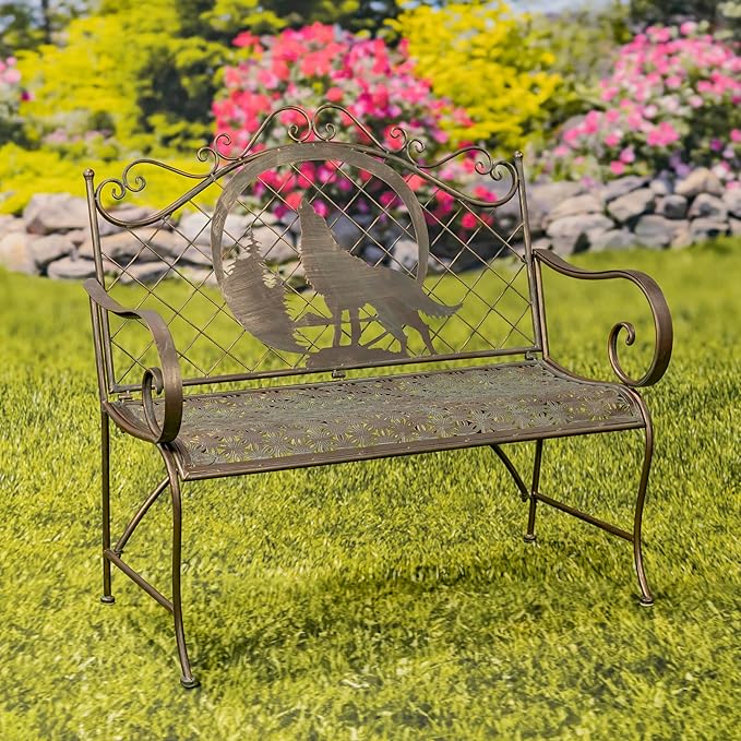 Classic Iron Garden Bench with Nature Scenery (Howling Wolf Backrest in Bronze)