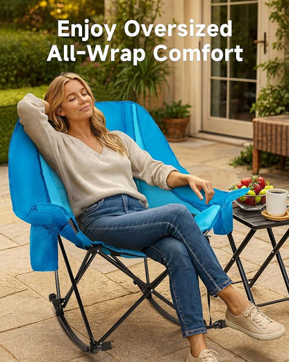 Slsy Oversized Rocking Camping Chair for Adults, 400 lbs Heavy Duty Padded Recliner with Side Pocket, Cup Holder & Carry Bag, Foldable Outdoor Lawn Chair for Patio, Backyard, or Camp