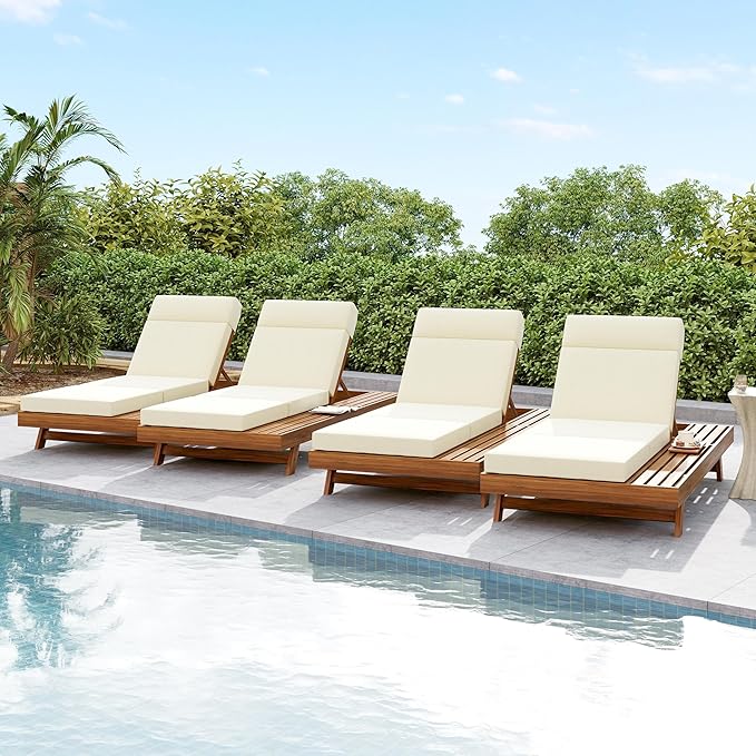 2-Piece Patio Lounge Chair Set with Side Space, Outdoor Chaise Lounge Adjustable & Breathable Acacia Wood Frame, Water-Resistant Cushions(Beige& 4 Inch Thick & 4-FOLD)