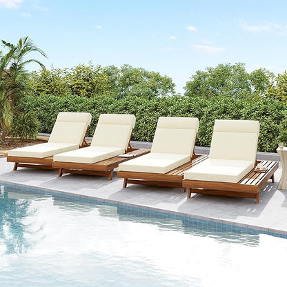 2-Piece Patio Lounge Chair Set with Side Space, Outdoor Chaise Lounge Adjustable & Breathable Acacia Wood Frame, Water-Resistant Cushions(Beige& 4 Inch Thick & 4-FOLD)
