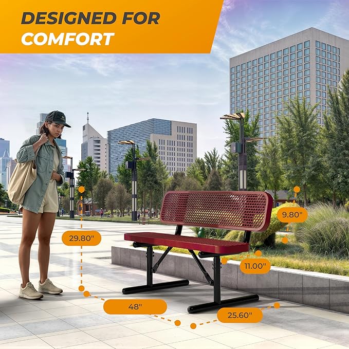 Heavy-Duty Outdoor Metal Bench, Thermoplastic-Coated, Portable, Weatherproof, Commercial-Grade for Parks, Gardens, Patios, Stores & More (4 Ft - Portable with Back, Red)