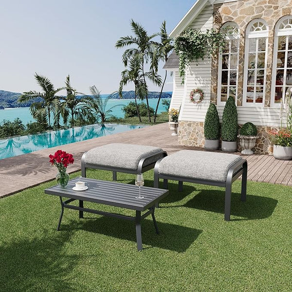 HOMREST Metal Outdoor Ottoman, 3-Piece Aluminum Footstool w/Removable Cushion - Photo 1