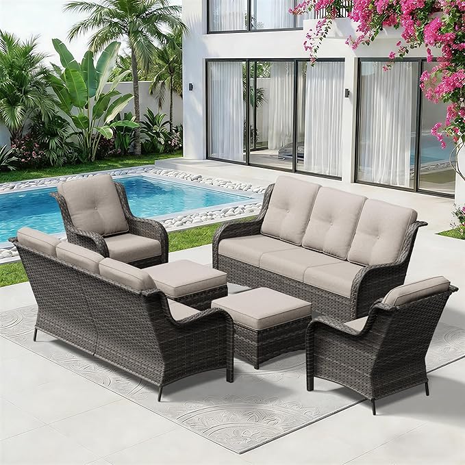 6 Piece Outdoor Wicker Patio Furniture Set, Patio Chairs Set with Thickened Olefin Cushions, High Back and Deep Seating, Hand-Woven PE Rattan, Ottoman for Porch, Deck