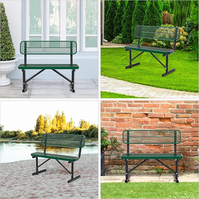 48" Metal Park Benches for Outside - Green Outdoor Benches Heavy Duty Garden Weatherproof Bench with Backrest, Buddy Bench for Schools,Commercial Benches for Shopping Mall, Store, Yard, Patio