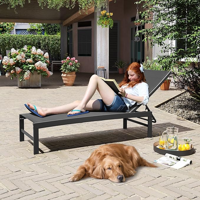 Crestlive Products Outdoor Lounge Chairs, Aluminum Pool Chaise Lounge Chairs, Adjustable Five-Position Tanning Recliner, All Weather for Patio, Beach, Yard, Pool (1PC Black)
