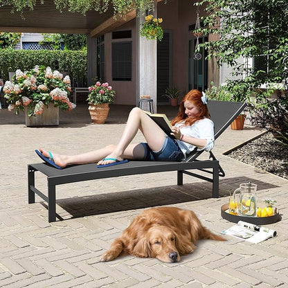 Crestlive Products Outdoor Lounge Chairs, Aluminum Pool Chaise Lounge Chairs, Adjustable Five-Position Tanning Recliner, All Weather for Patio, Beach, Yard, Pool (1PC Black)
