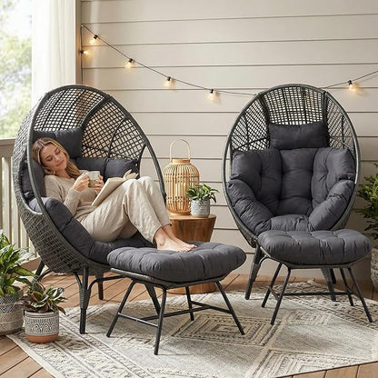 NICESOUL® 2 Person Wicker Stationary Egg Chair Indoor Outdoor Egg Basket Lounge Chair Oversized Thick Cushions Nest Seat with Legs 440lbs Bird Cage Chair with Ottoman, 4 Pieces Boho Chair Gray