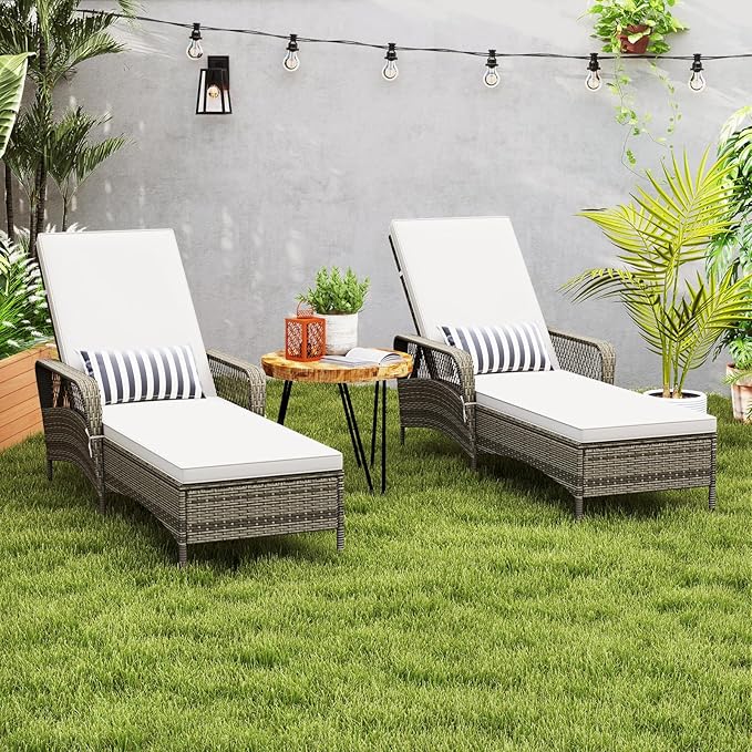 Wicker Chaise Lounge Chair Set of 2, Patio Rattan Recliner with 6-Position Adjustable Backrest, Soft Cushions, Removable Lumber Pillow & Armrests for Poolside & Backyard (Off White)