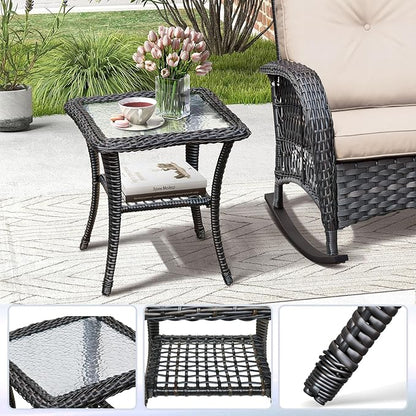 BABYLON Indoor Outdoor Coffee Table, All-Weather Wicker Tempered Glass Top Side Table, Indoor Outdoor Patio End Table with Storage Space, 20''x 20''x20''