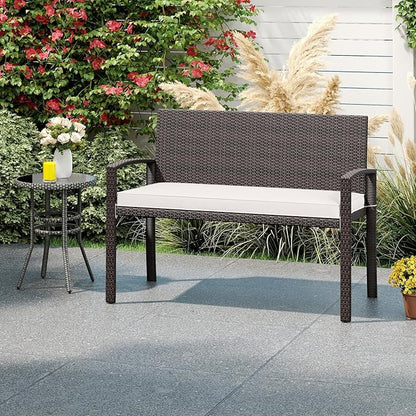 Tangkula Outdoor Rattan Bench, 2-Person Patio Loveseat with Removable Seat Cushion, Metal Frame, Backrest & Armrests, for Porch, Backyard, Garden, Balcony, Brown