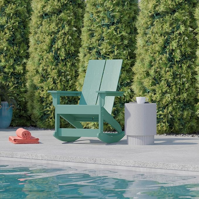 Flash Furniture Finn Modern Commercial Grade Poly Resin Wood Adirondack Rocking Chair - All Weather Sea Foam Polystyrene - Dual Slat Back - Stainless Steel Hardware